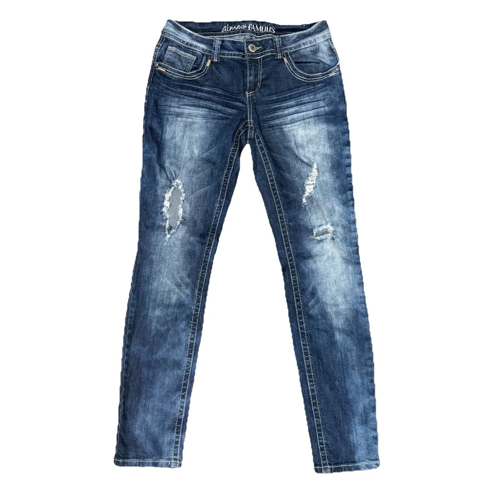 Almost Famous Skinny Jeans Distressed Low Rise Women 9 Blue Denim Cotton Stretch